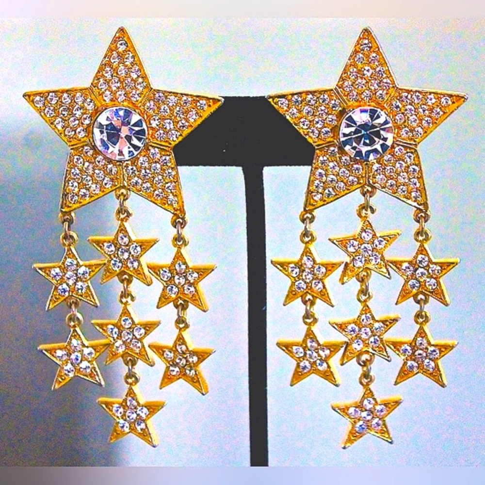 TARA STARS EARRINGS DANGLE CLIP ON VINTAGE SAMPLE